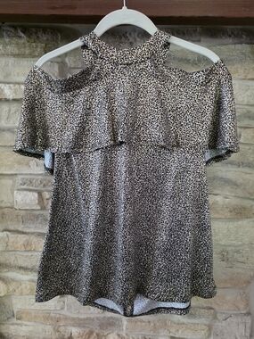 Michael Kors Black and Gold Cold-Shoulder Ruffle Top